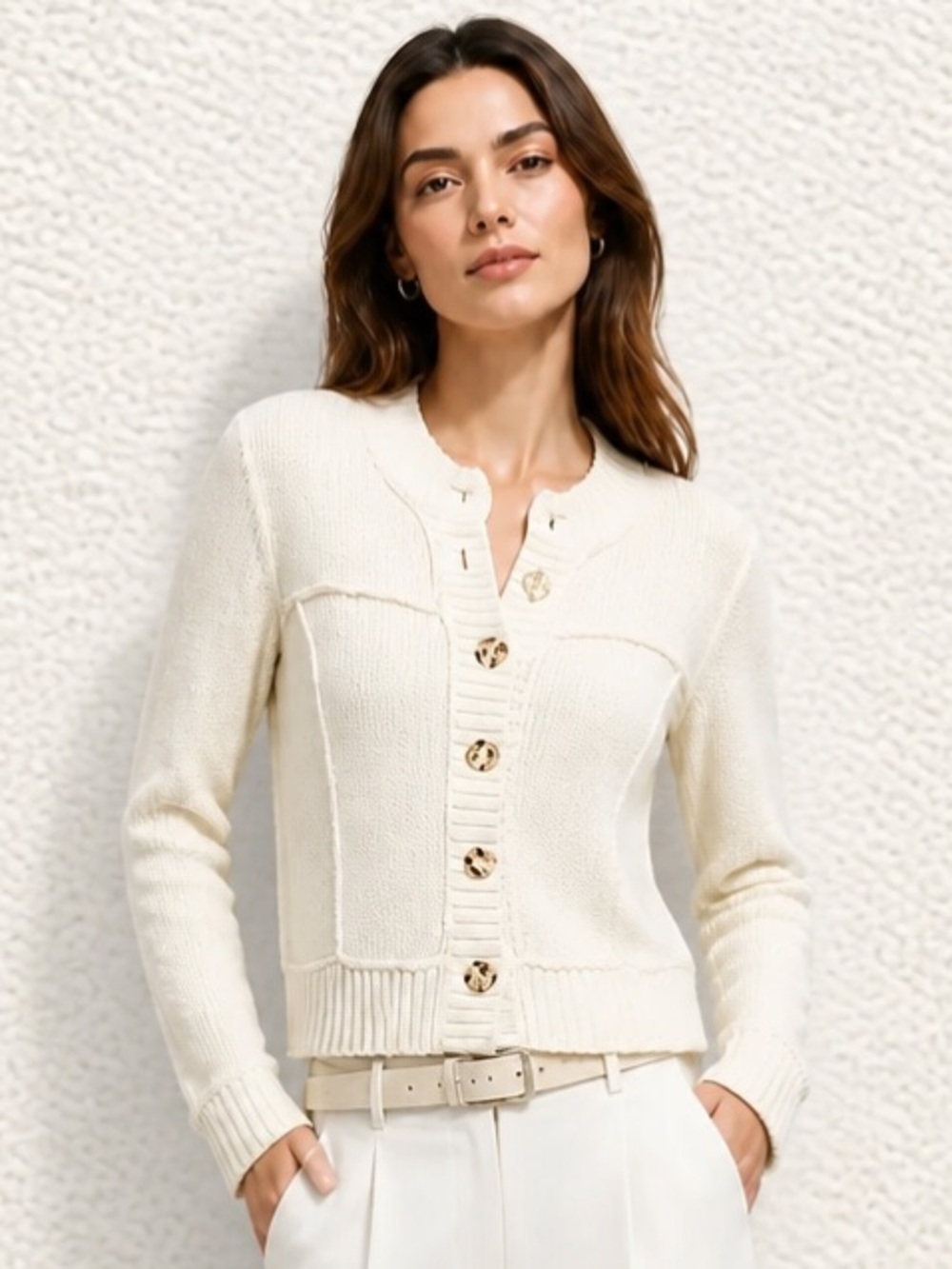 NIC + ZOE Sweater Ivory Patchwork Button Front Cardigan Career Casual Cotton